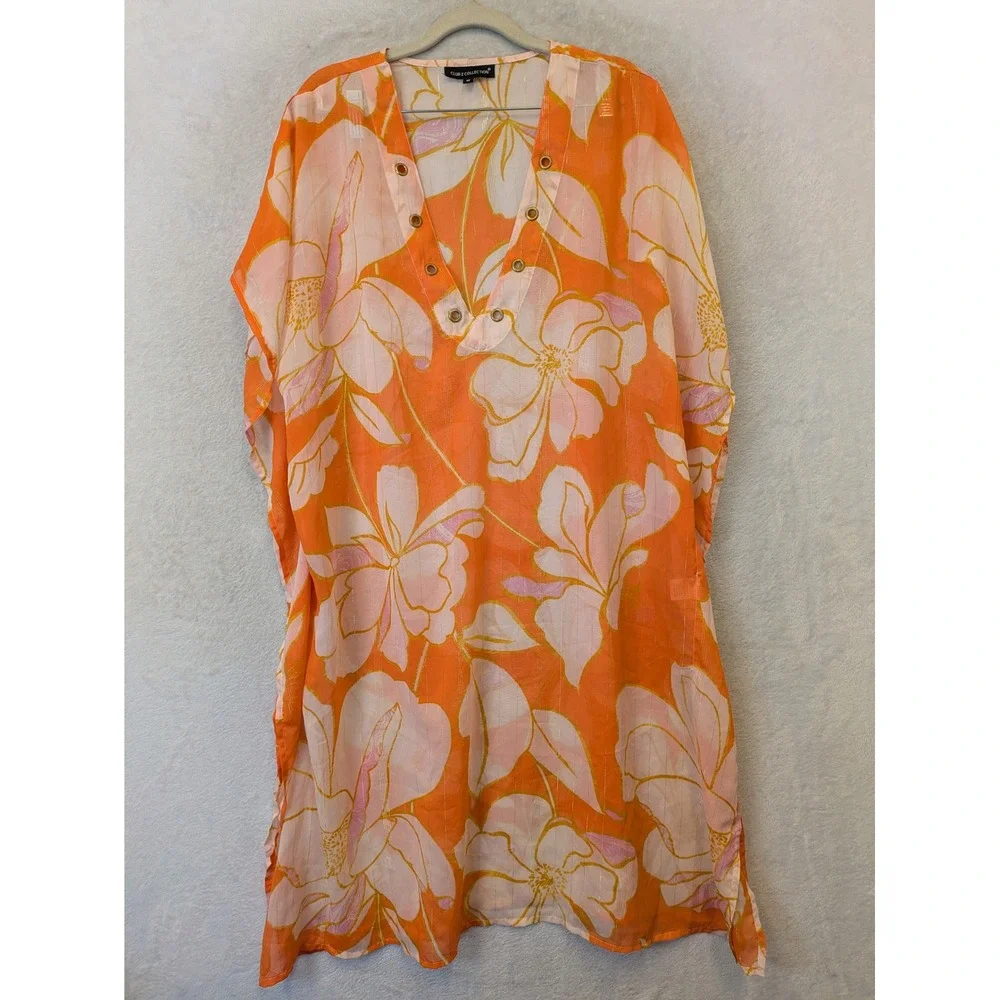 Club Z Collection Kaftan Women's Medium Orange Floral Metallic Grommet V-Neck